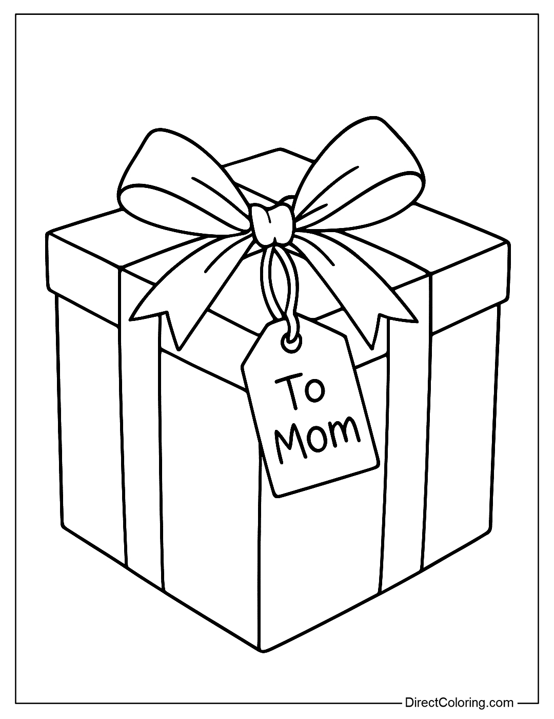 coloring page A handmade gift box decorated with ribbons, bows and a small card saying 